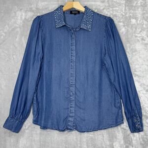 Badgley Mischka Shirt Womens Large Blue Button Up Crystal Collar Chambray Blouse